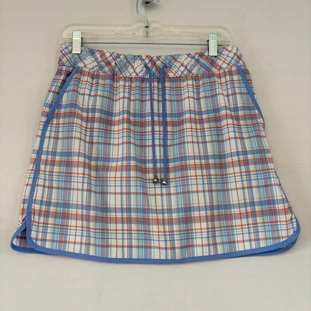IZOD Golf Skort Womens Small Blue Orange Plaid Drawstring Athletic Skirt Pocket
